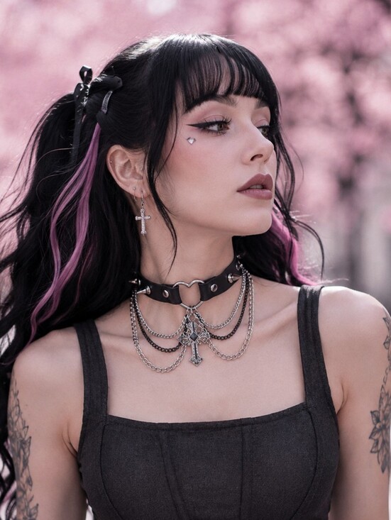 Jewelry - NEW Black Gothic Spike Choker Necklace with Silver Cross Pendant And Chains